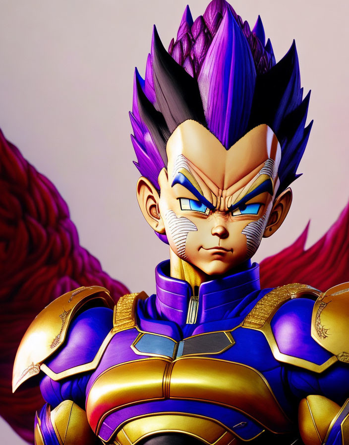 Intense animated character with purple spiky hair in golden armor