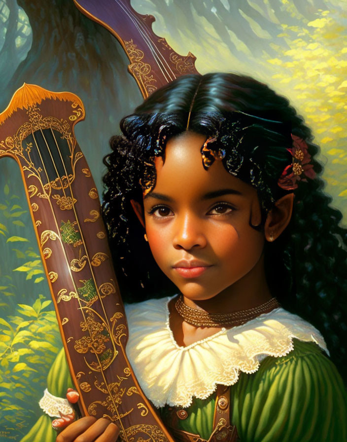 Curly-haired girl playing harp in lush green setting