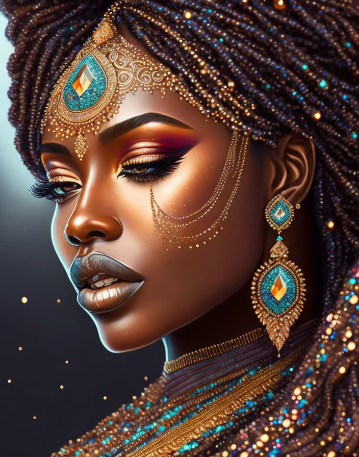 Intricate digital portrait of a woman with gold jewelry and gemstones