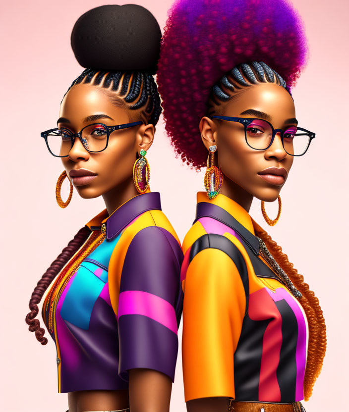 Two Women in Stylish Glasses and Vibrant Outfits with Unique Hairstyles and Hoop Earrings