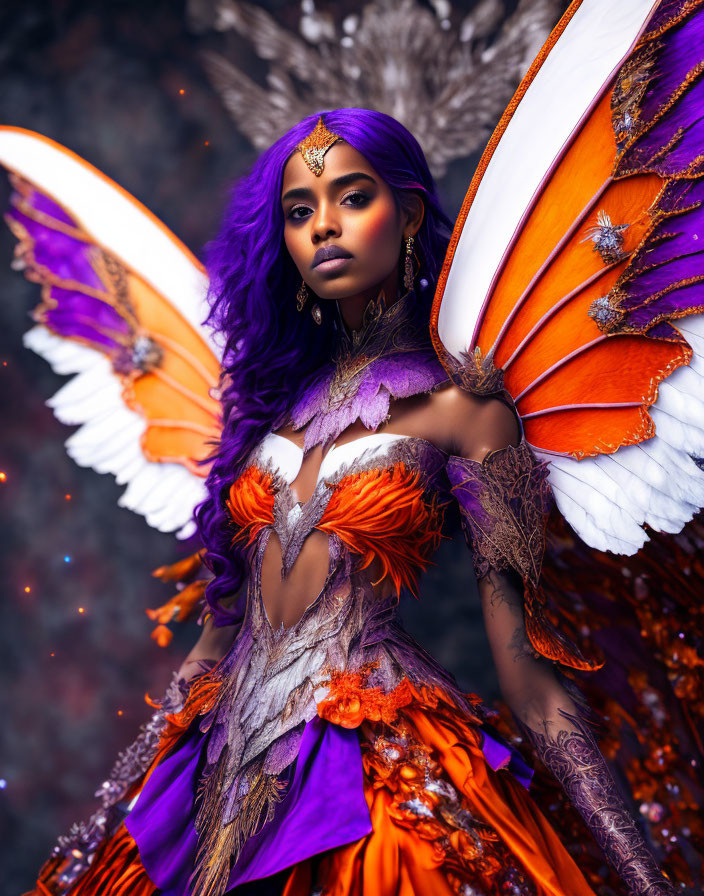 Woman in Purple Hair and Fairy Costume with Butterfly Wings