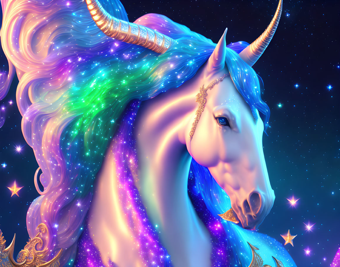 Colorful mythical unicorn with shimmering mane and cosmic background