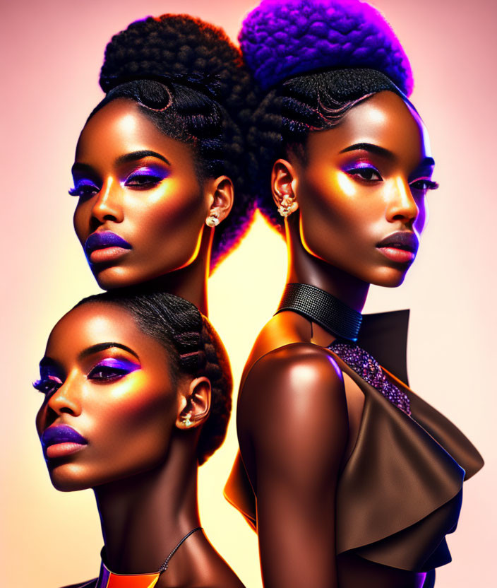 Three women with striking makeup and hairstyles against warm-toned backdrop.