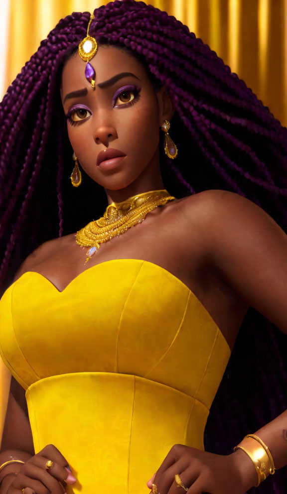 Woman with Purple Braids in Yellow Dress and Golden Jewelry on Golden Draped Background