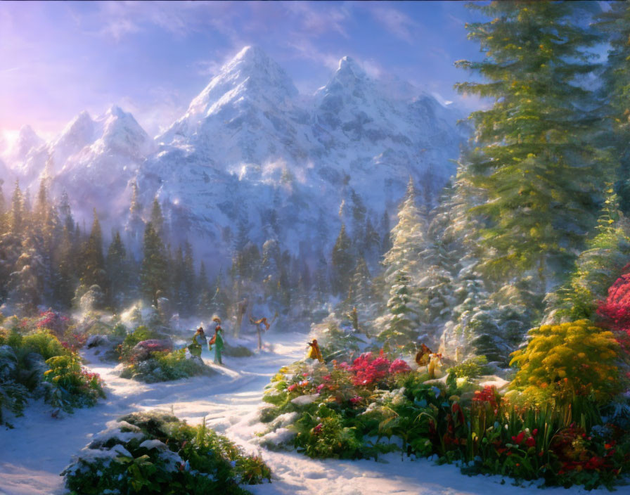 Snowy peaks, evergreens, sunlit path, and figures in serene winter landscape