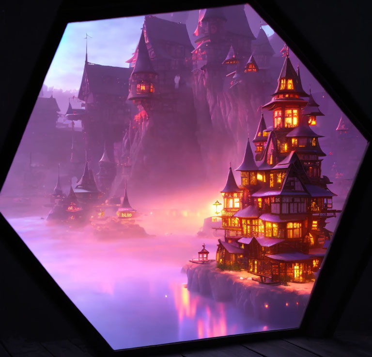 Fantastical dusk landscape with purple hues and illuminated multi-tiered buildings above misty water