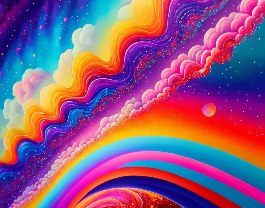 Surreal landscape with flowing rainbow colors and stars