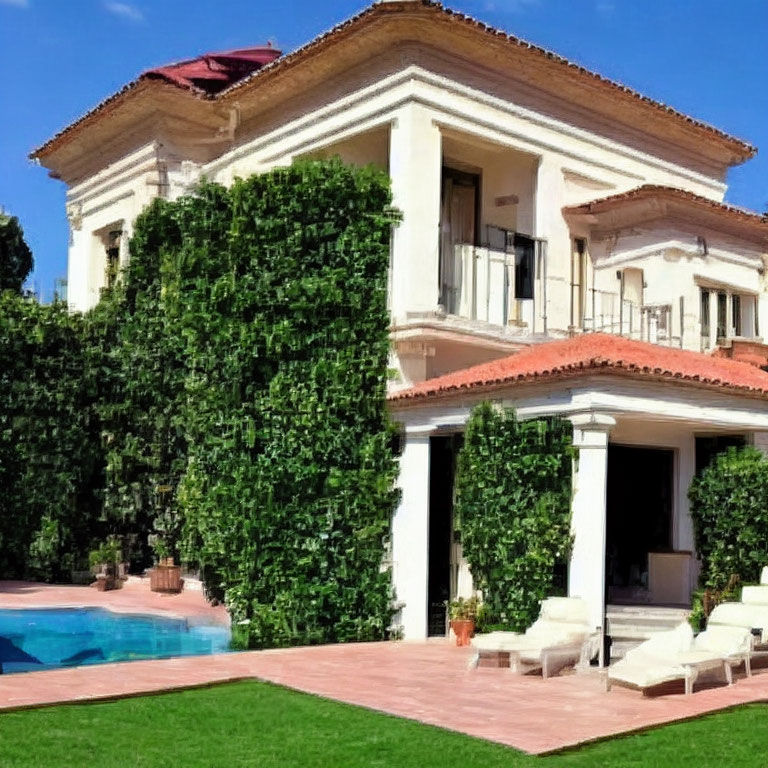 Luxurious House with Red-Tiled Roof, White Walls, Expansive Windows, Pool, and