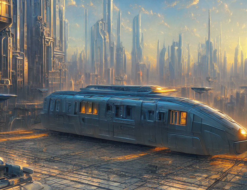 Futuristic cityscape with sleek train and towering skyscrapers