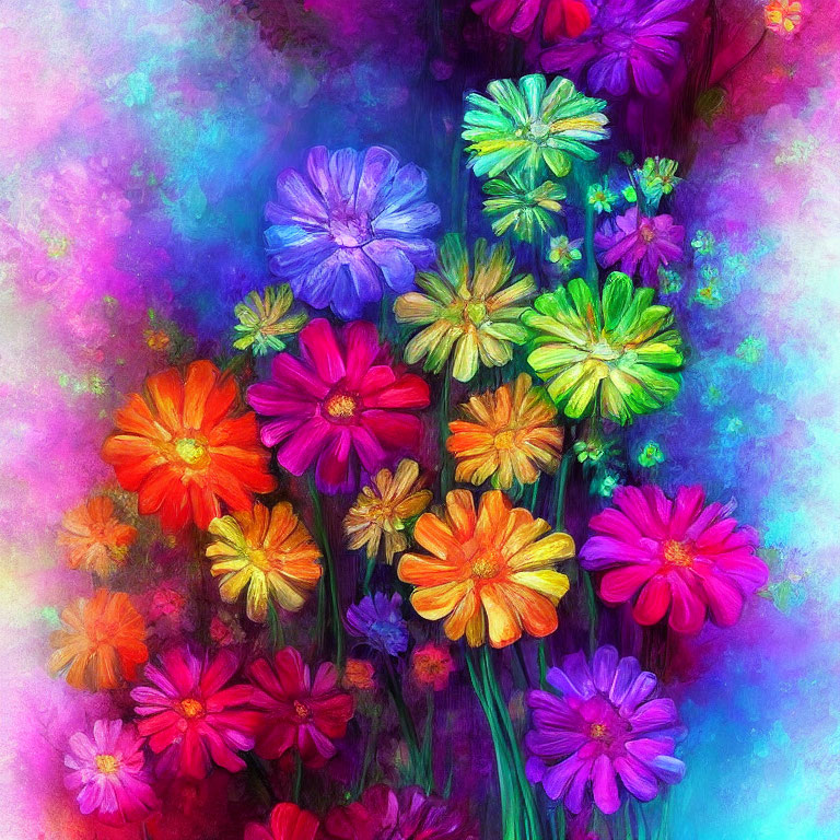 Colorful Flowers Digital Painting with Textured Impressionistic Style