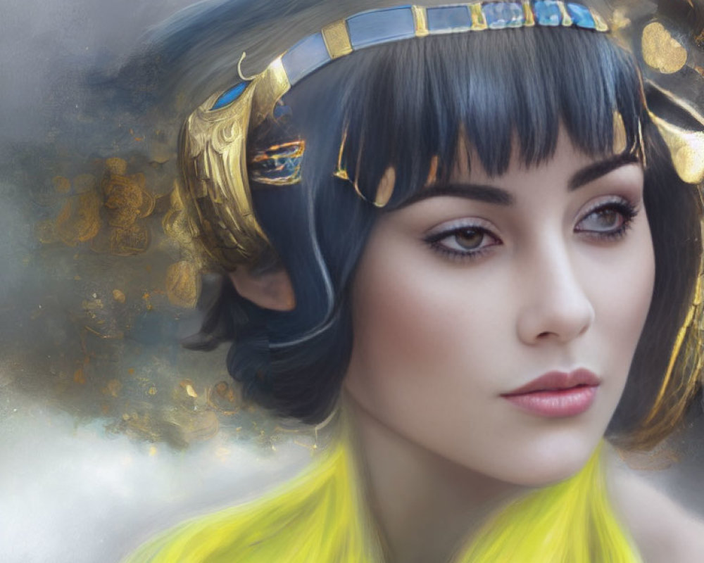 Woman with Gold Headband and Striking Makeup in Cloudy Portrait