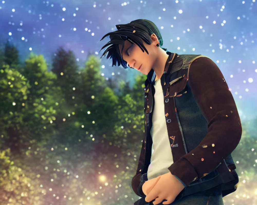 Animated character with black hair in brown jacket under starry night sky