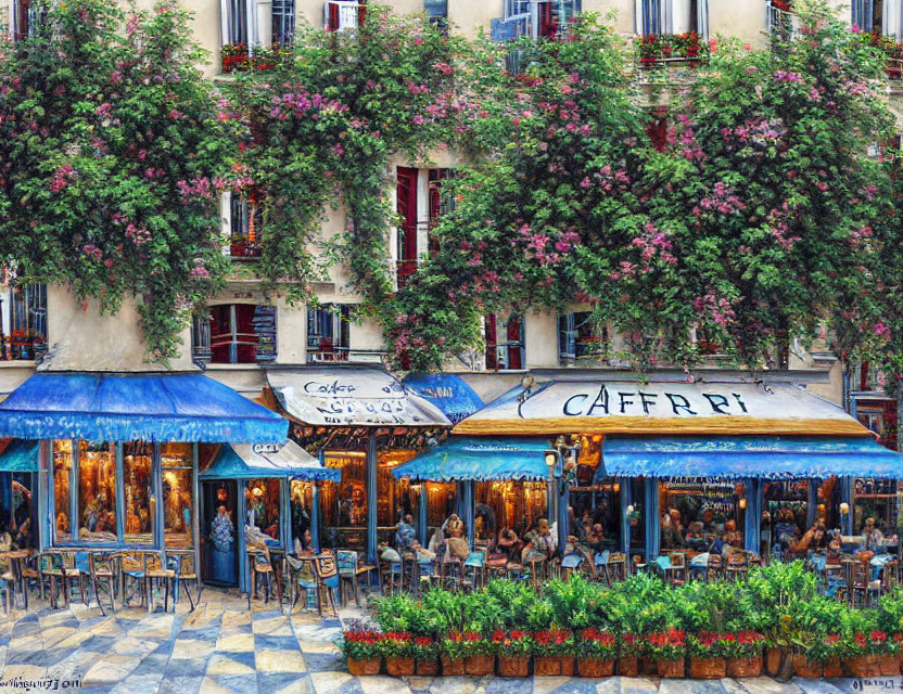 Outdoor café terrace with patrons under blue awnings, surrounded by lush green plants.