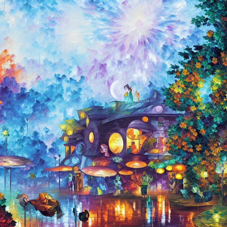 Colorful illustration of whimsical fantasy setting with houseboat, luminous trees, radiant sky, and