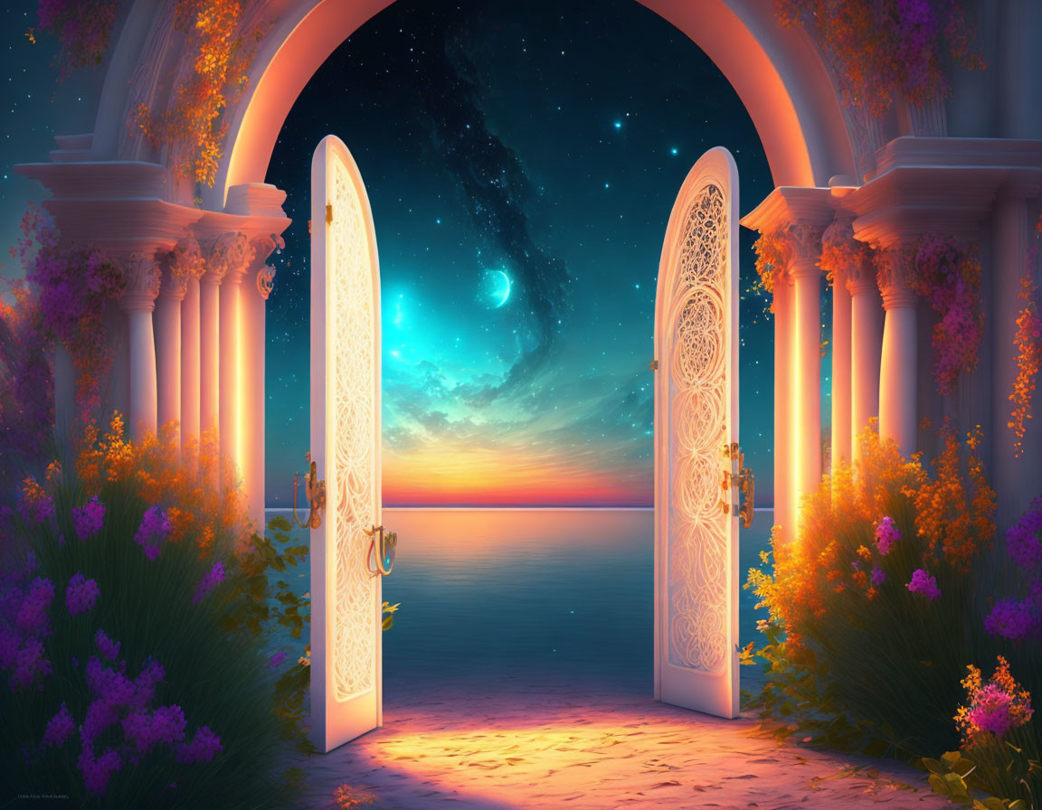 Ornate Doors Revealing Tranquil Seascape & Starry Sky