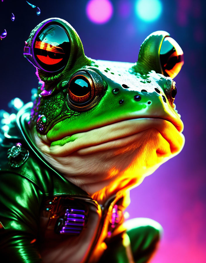 Colorful Frog in Futuristic Leather Jacket on Bokeh Background