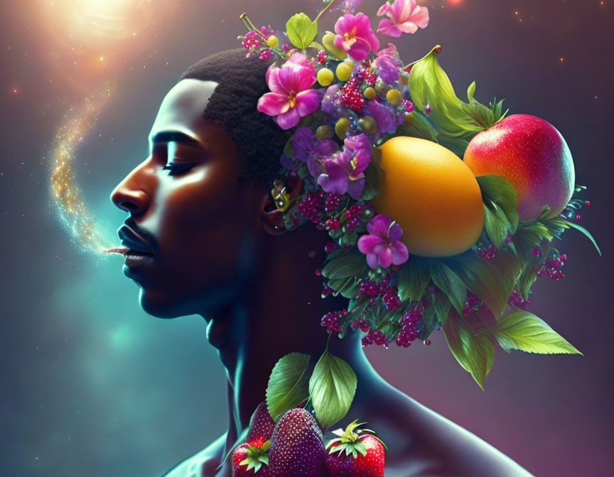 Person with Vibrant Flower and Fruit Headpiece on Mystical Background