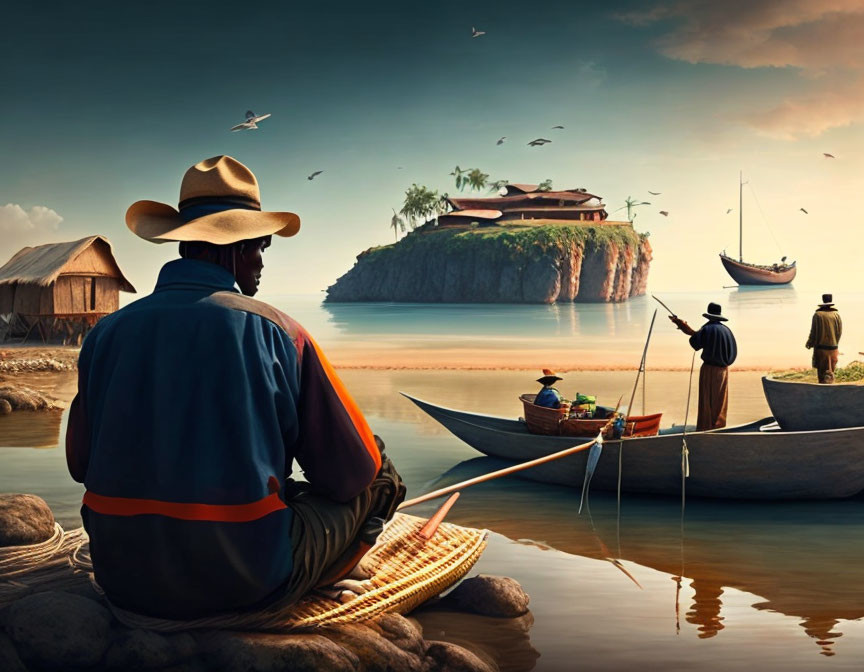 Man fishing on dock with calm sea, boats, hut, and island at sunset