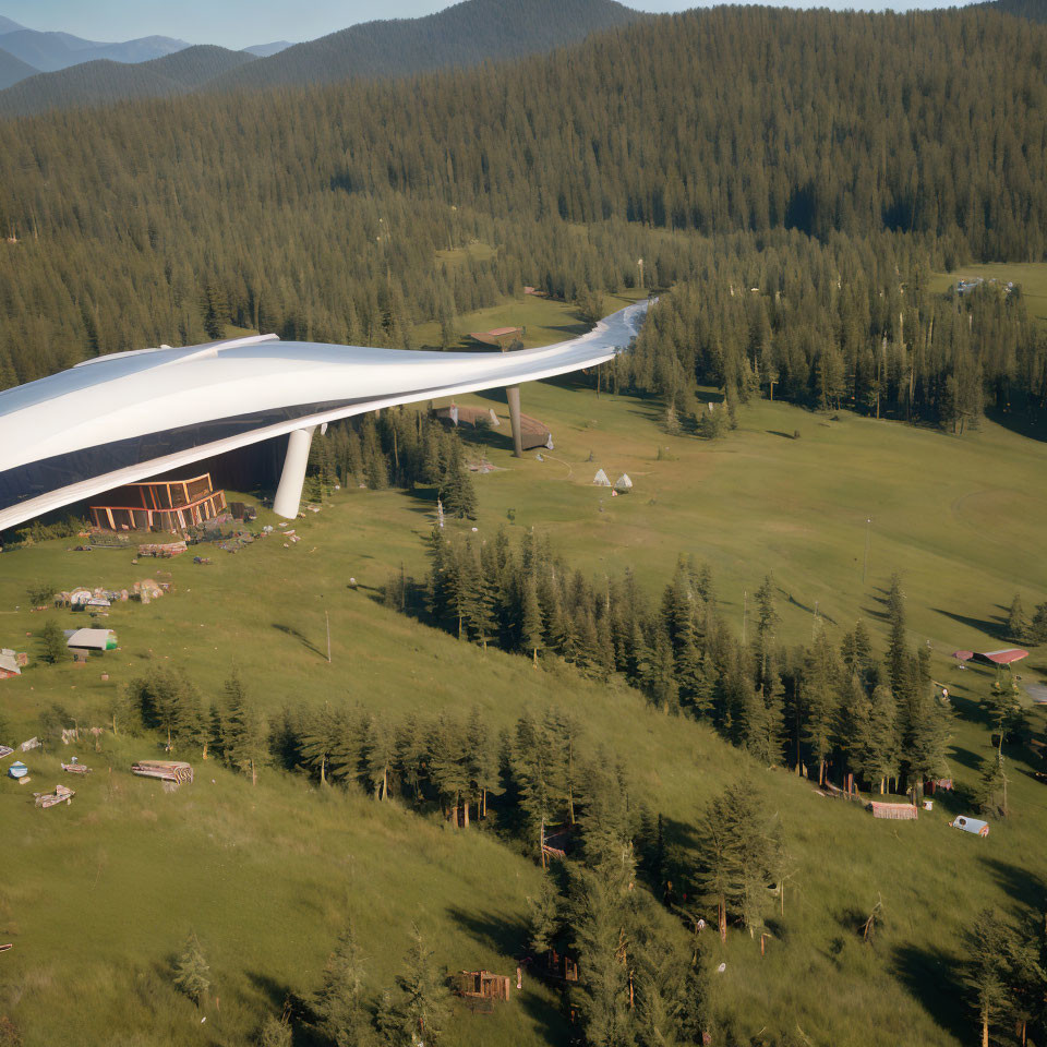 Lush Green Landscape with Trees, Building, and Airplane Wing