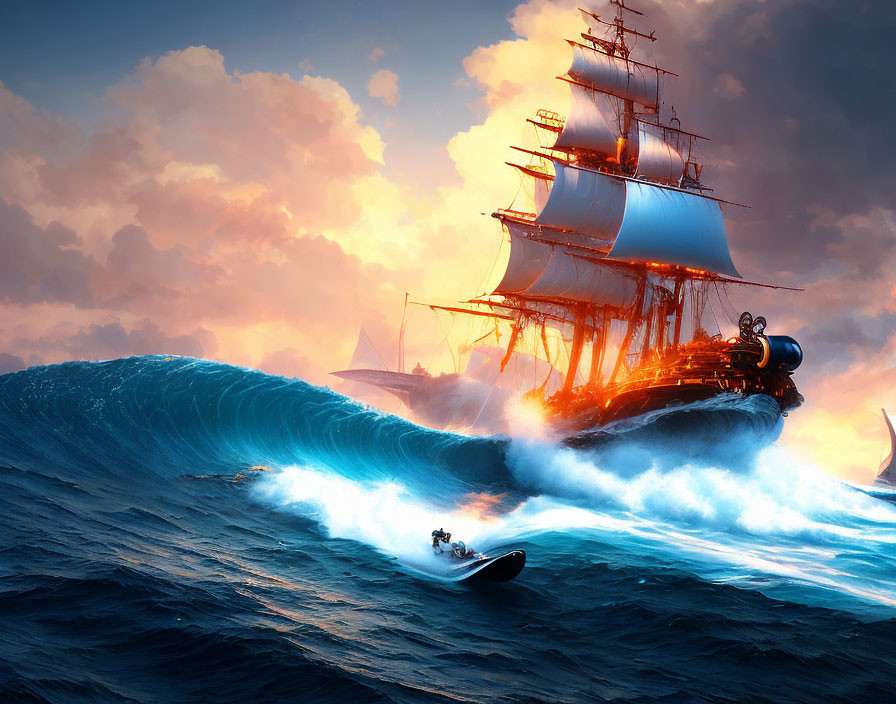 Sailing ship with full sails on giant wave at dramatic sunset