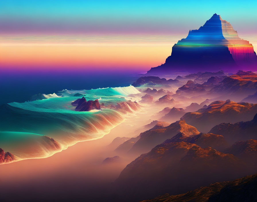 Vibrant surreal landscape with illuminated peak & glowing waves