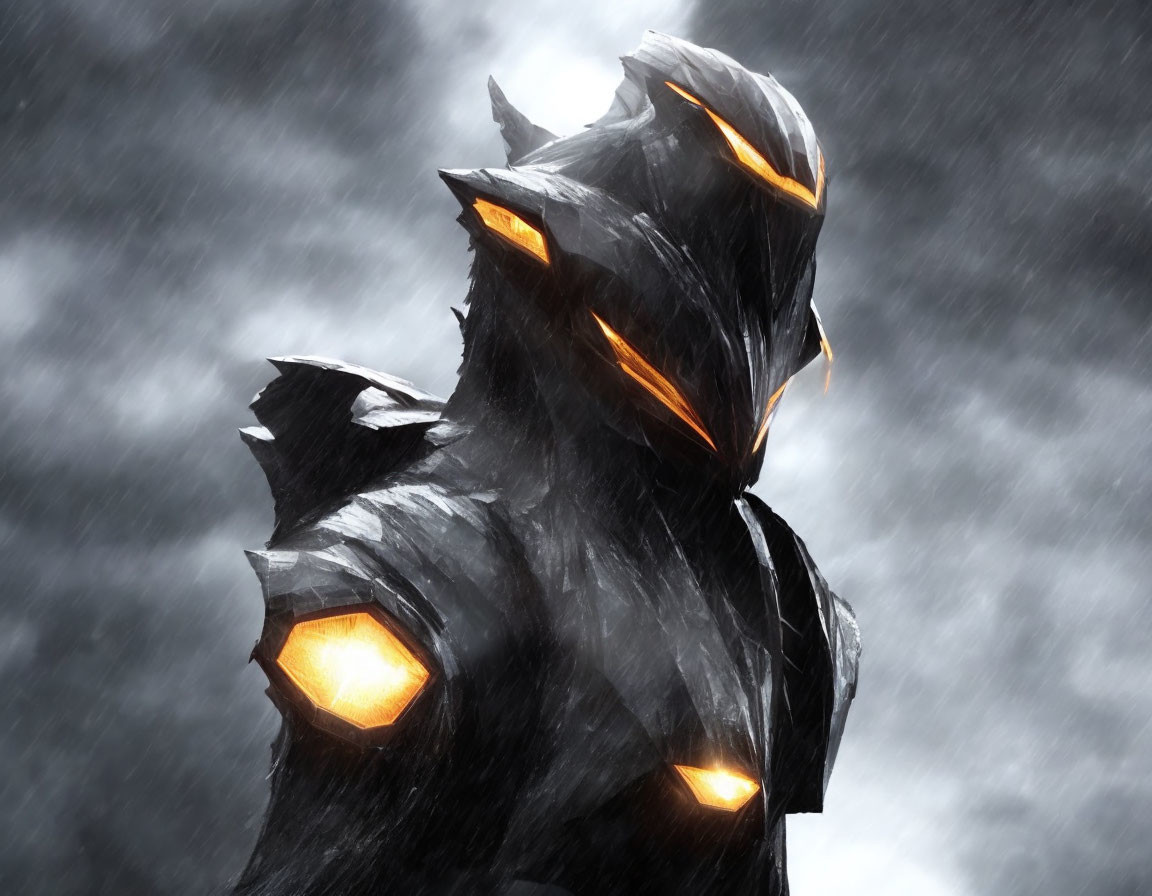 Mysterious figure in dark armor under stormy sky