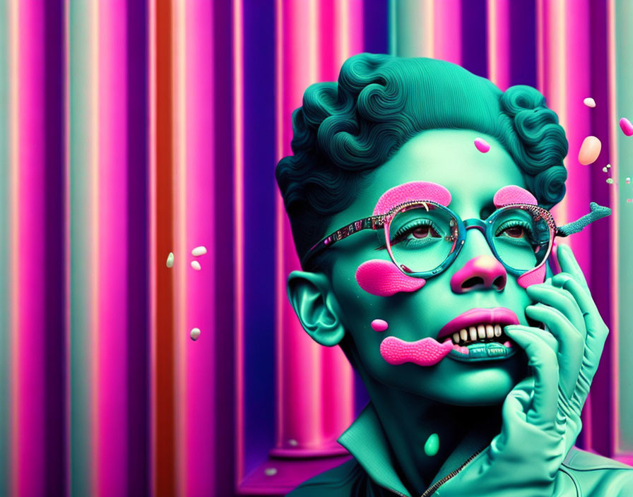 Colorful digital artwork: Blue-skinned figure with curly hair and pink glasses on striped background with liquid