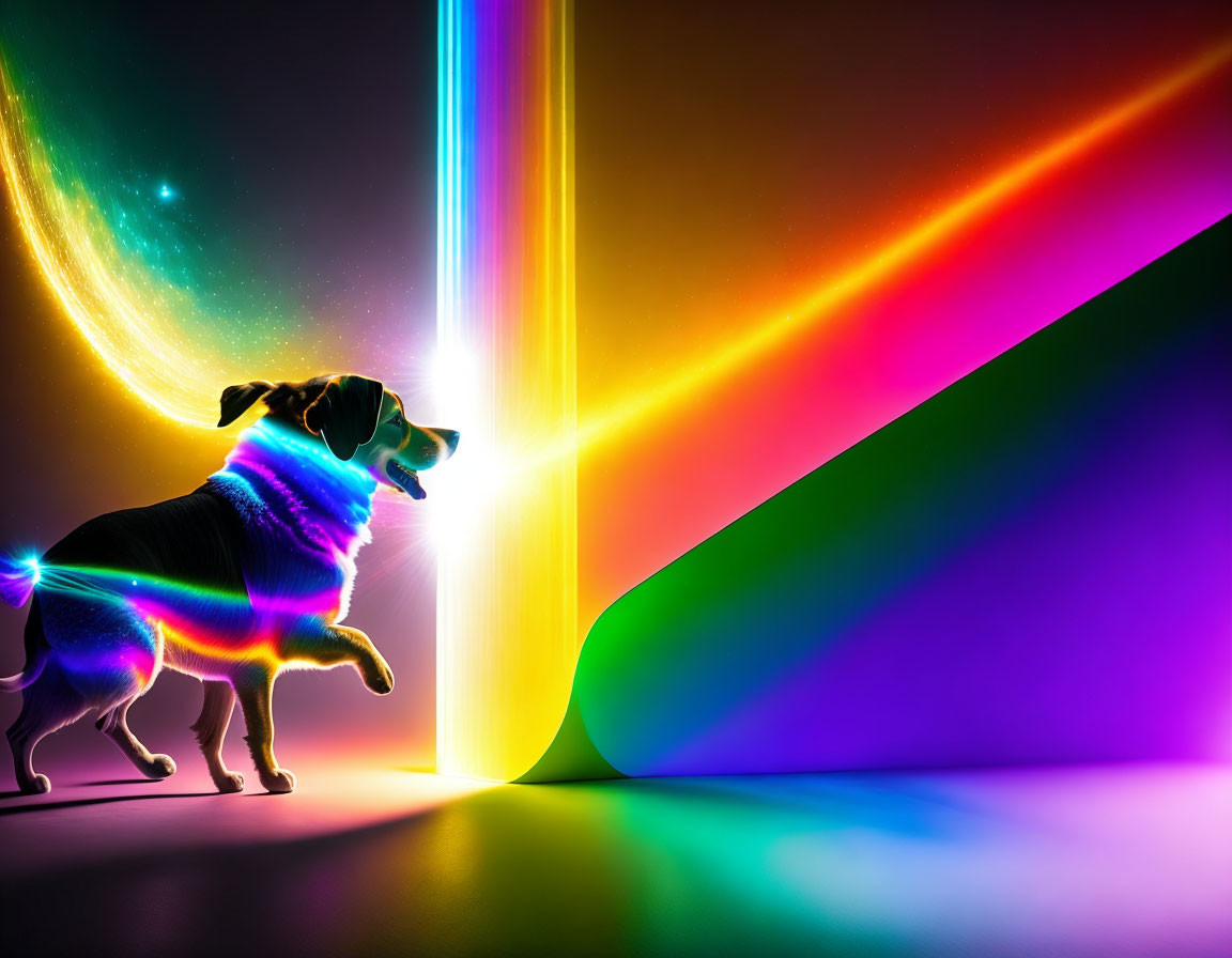 Neon Outlined Dog on Vibrant Background with Cosmic Swirl