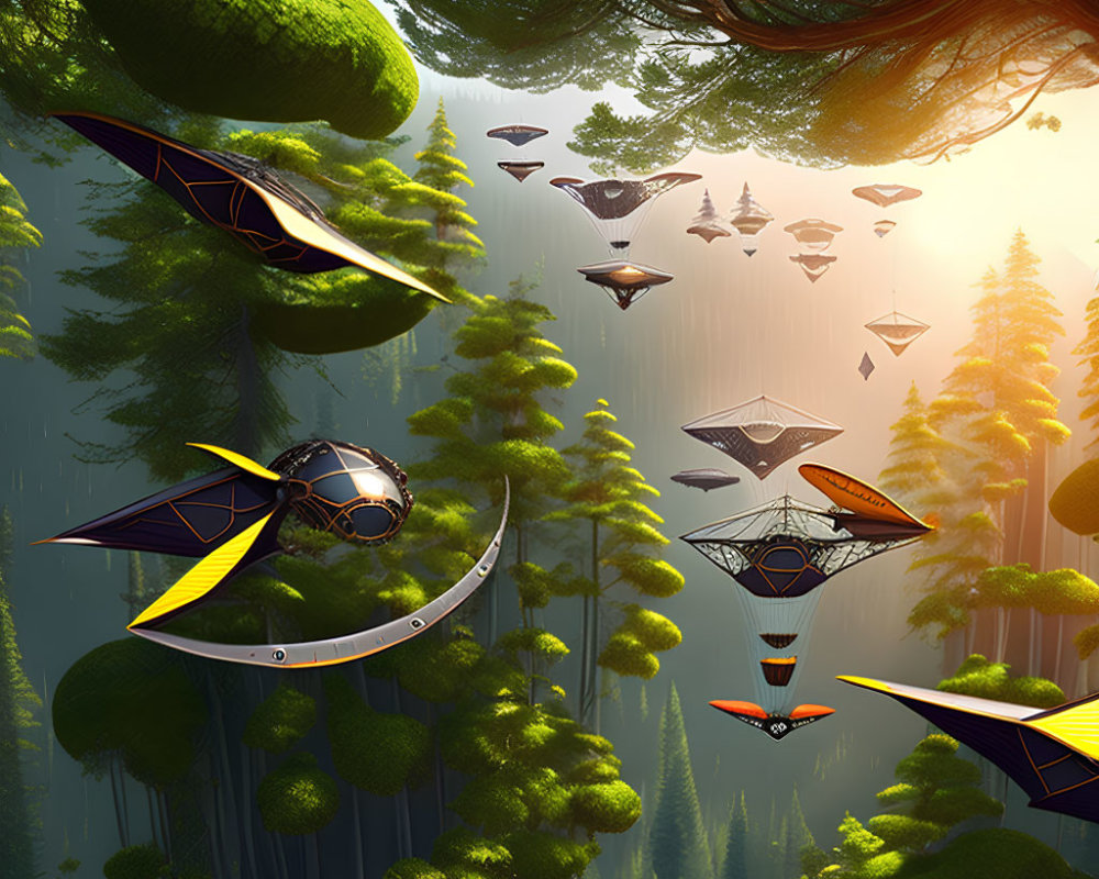 Sunlit forest with futuristic flying vehicles hovering among trees