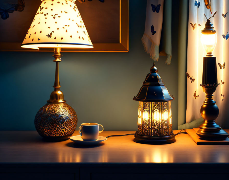 Warmly lit room with two lamps and a cup on a table