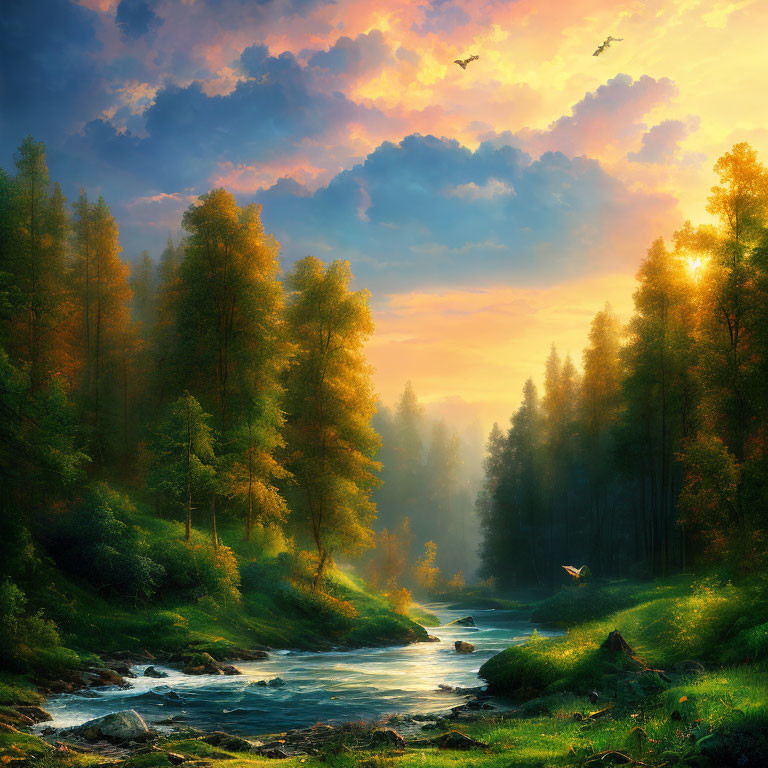 Tranquil Sunrise Landscape with River and Forest