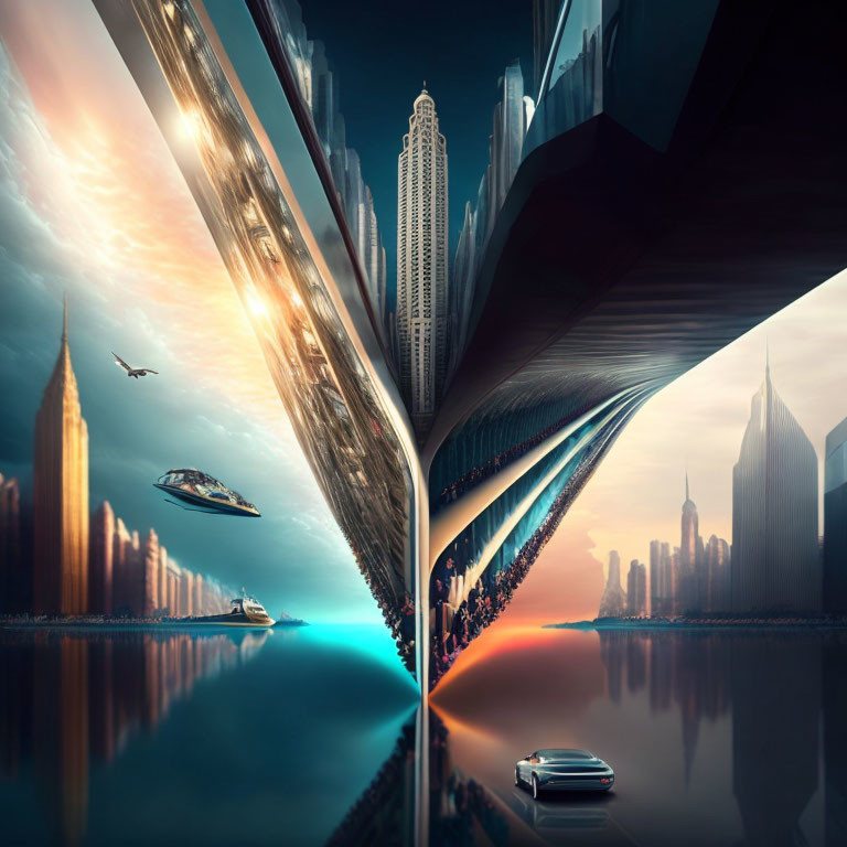 Mirrored skyscrapers in V-shape over water with flying vehicles and boat at sunset