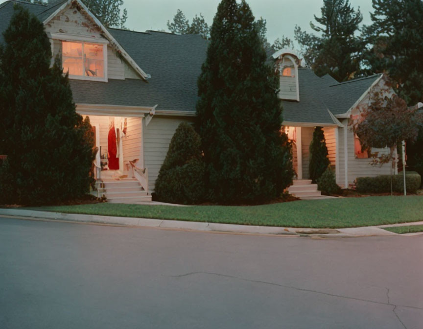 Suburban House at Dusk with Warm Indoor Lighting