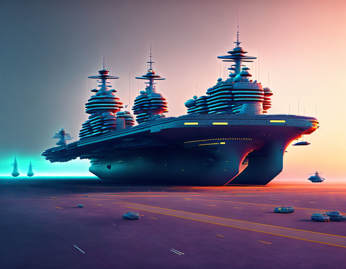 Large futuristic spacecraft on landing platform under pink sky with smaller ships