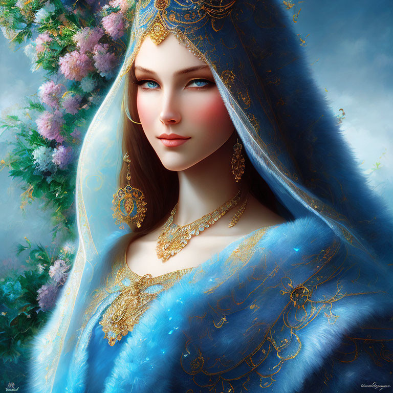 Portrait of woman with striking blue eyes in ornate blue hooded cloak with gold embellishments