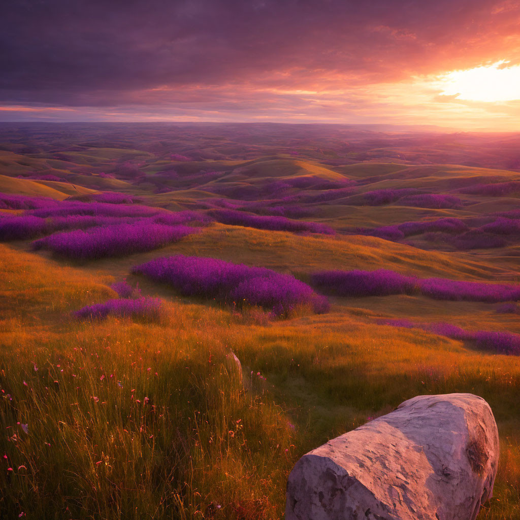 Vibrant purple flowers in sunset landscape with golden sky and large rock