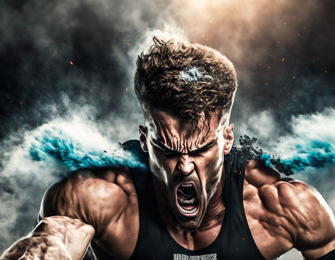 Muscular male figure in intense pose with fiery backdrop and explosive dust.