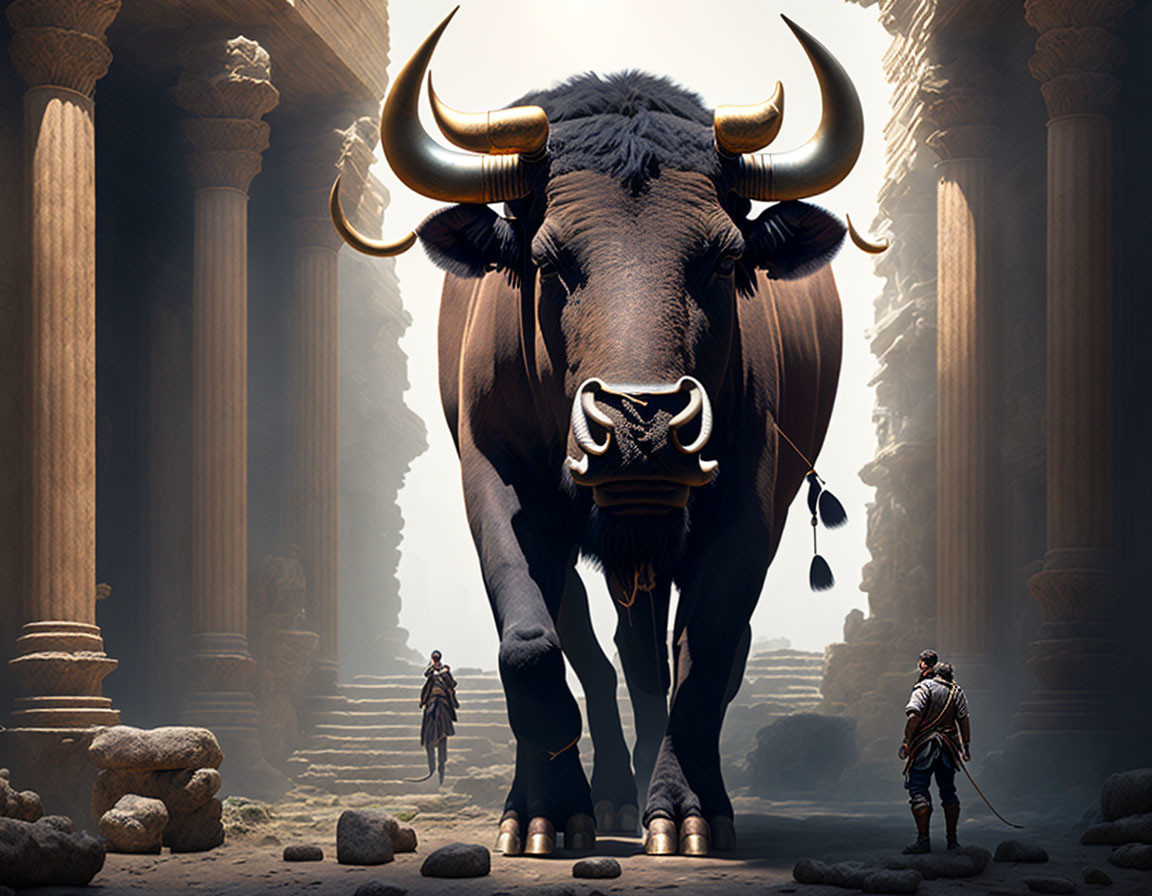 Giant bull with golden horns between ancient pillars in mythical setting