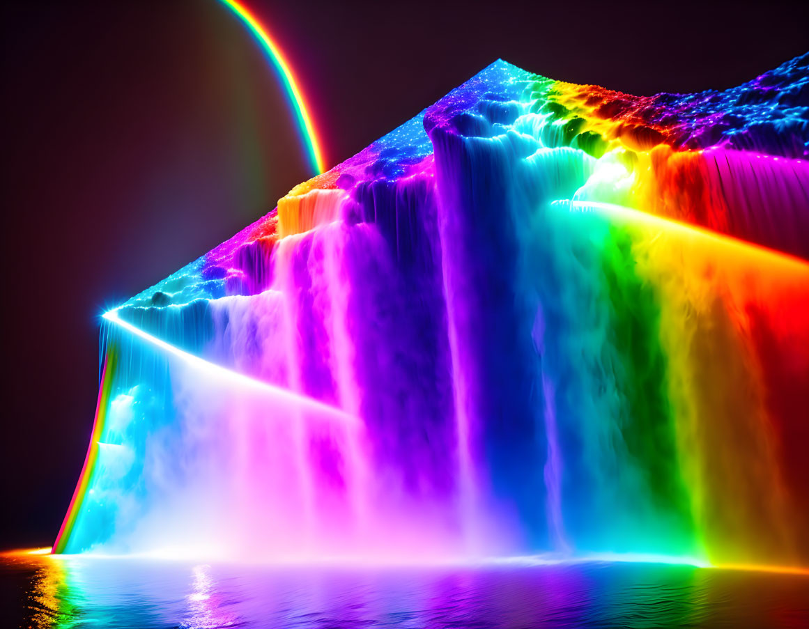 Vibrant rainbow lights illuminate iceberg on dark background