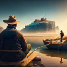 Man fishing on dock with calm sea, boats, hut, and island at sunset