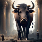 Giant bull with golden horns between ancient pillars in mythical setting