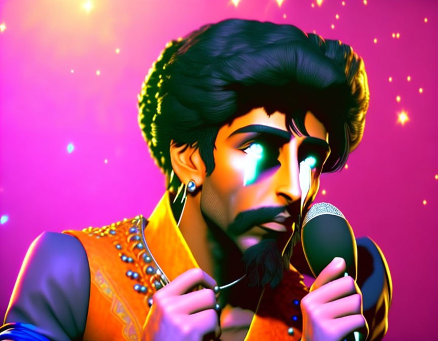 Colorful illustration of a bearded man in orange vest with microphone on starry purple backdrop