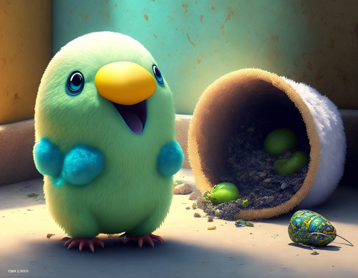 Blue Cartoon Bird with Nest and Cracked Egg