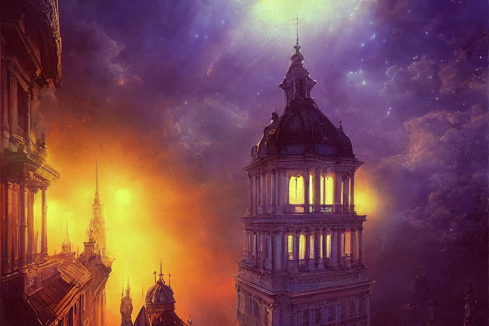 European-style cityscape illustration under dramatic sunset sky