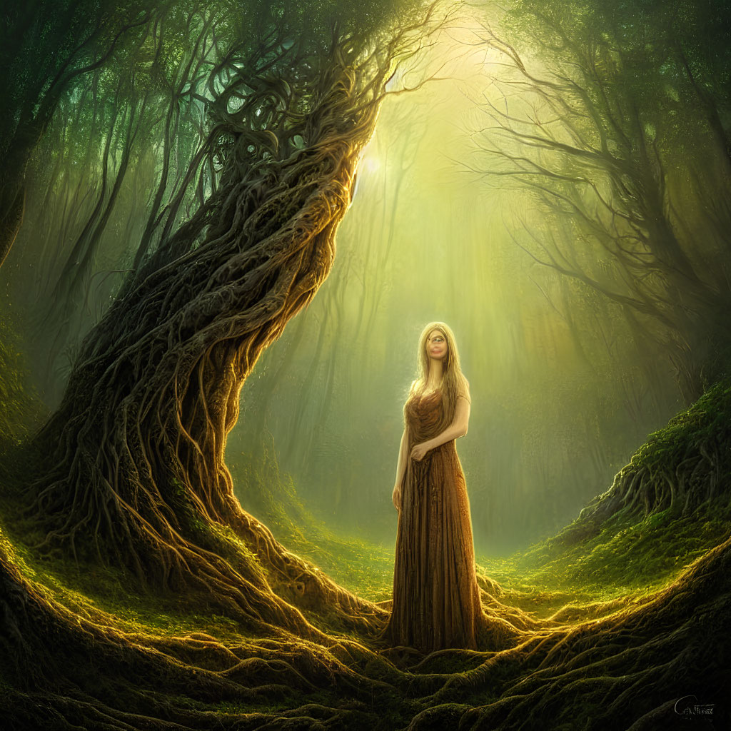 Woman in flowing dress in mystical forest with gnarled tree