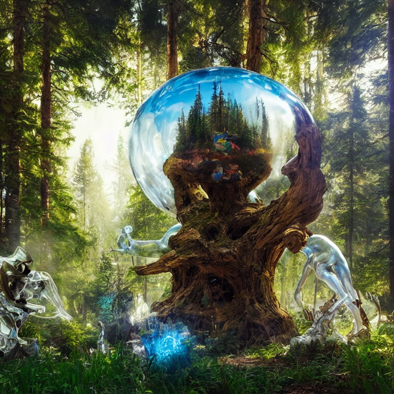 Enchanting forest scene with large tree and transparent sphere miniature landscape.