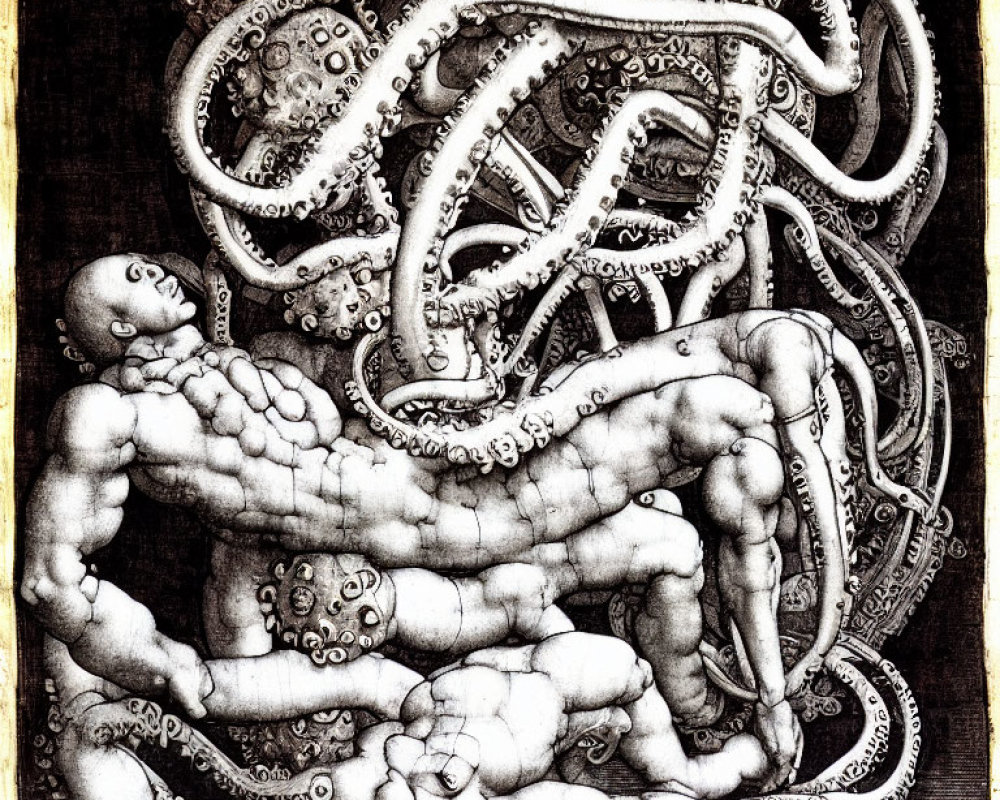 Monochrome etching style surreal scene with human figures and tentacle-like forms