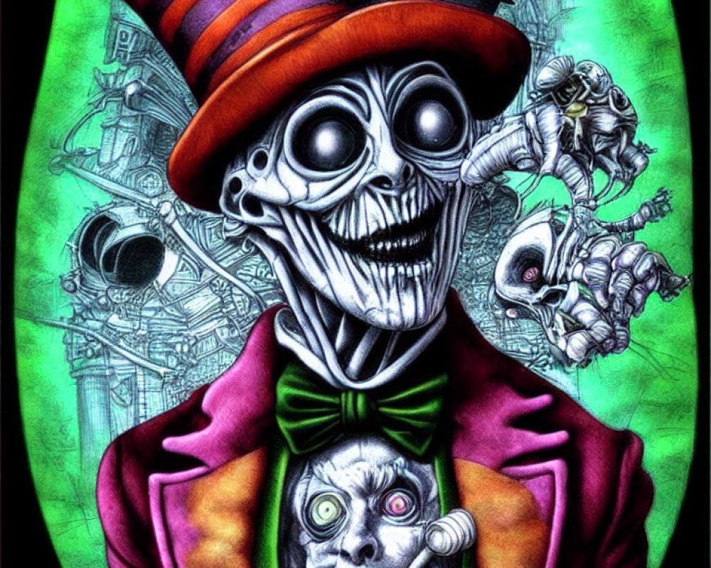 Skeleton in Suit and Top Hat with Eerie Green Glow on Mechanical Background