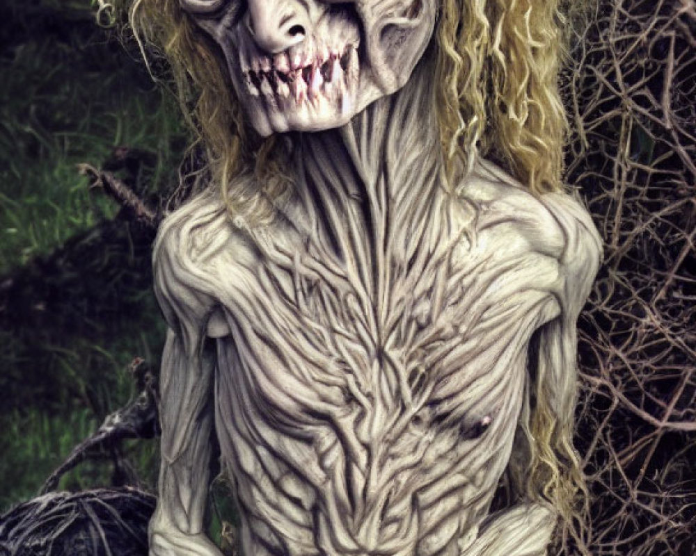 Grotesque character with sharp teeth and wild blonde hair in underbrush