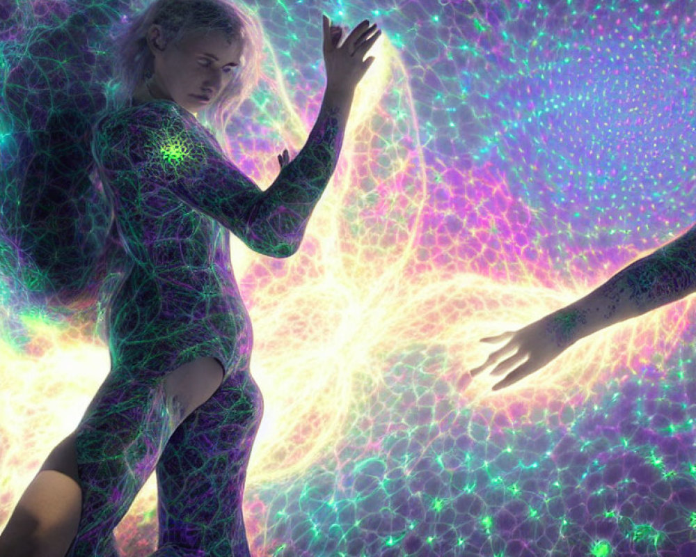 Person with glowing fractal pattern reaching towards hand in cosmic background